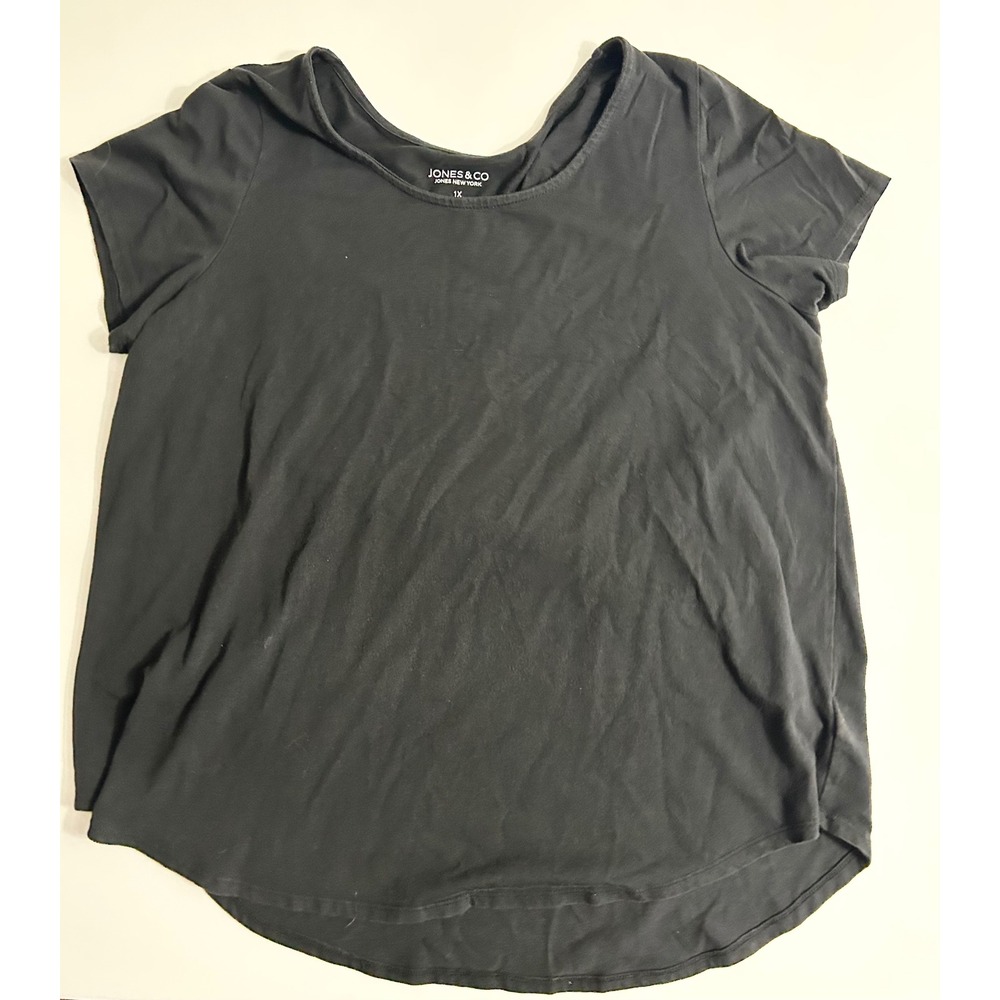Jones & Co Jones New York Womens 1X Black Scoop Neck Curved Hem T-Shirt Top